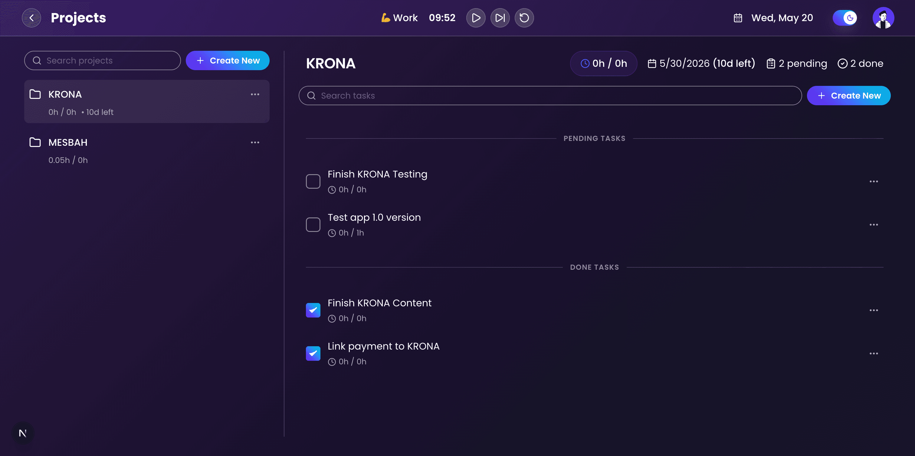 Krona projects and tasks view