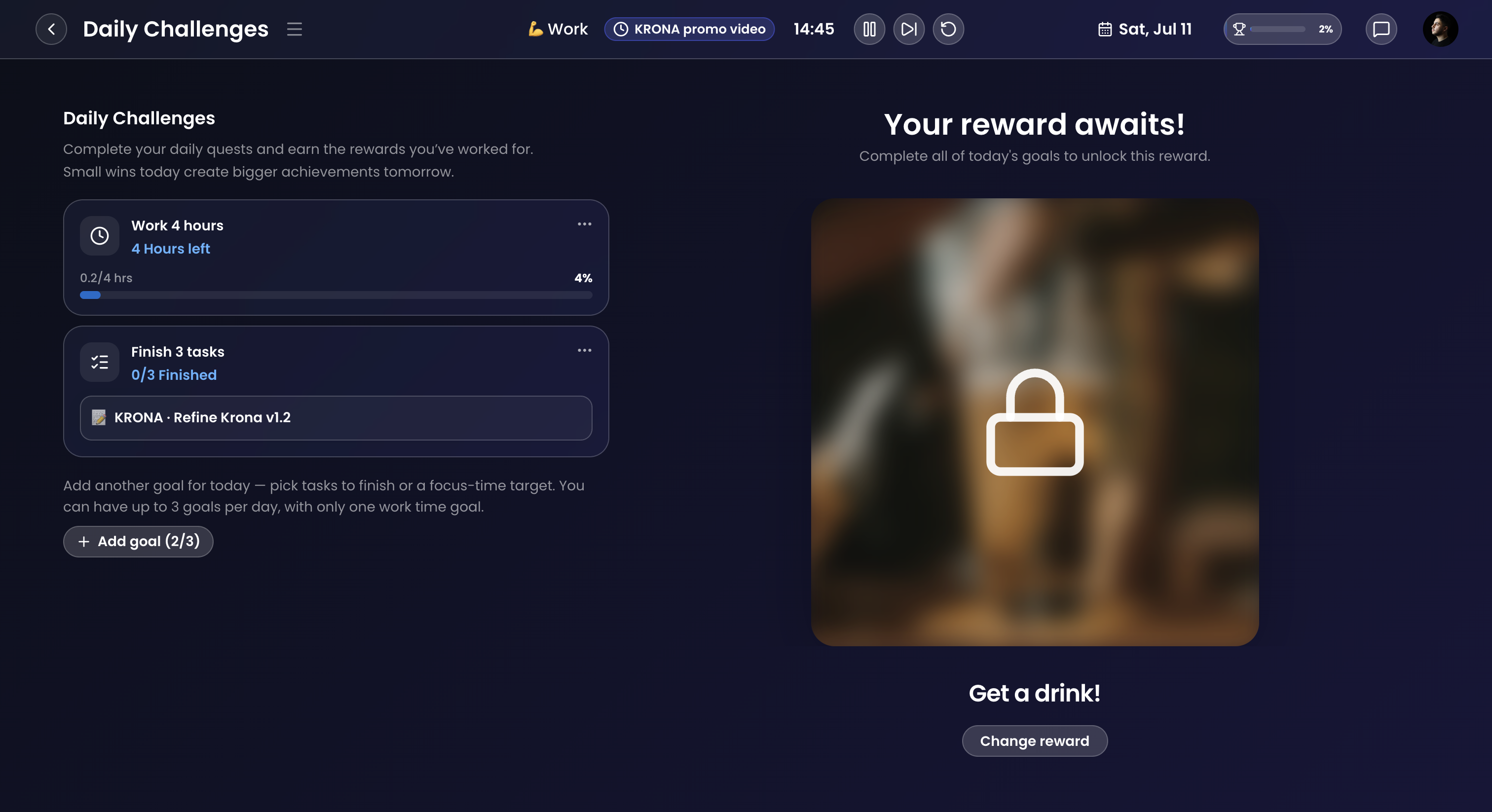 Krona daily challenges with custom rewards and progress tracking