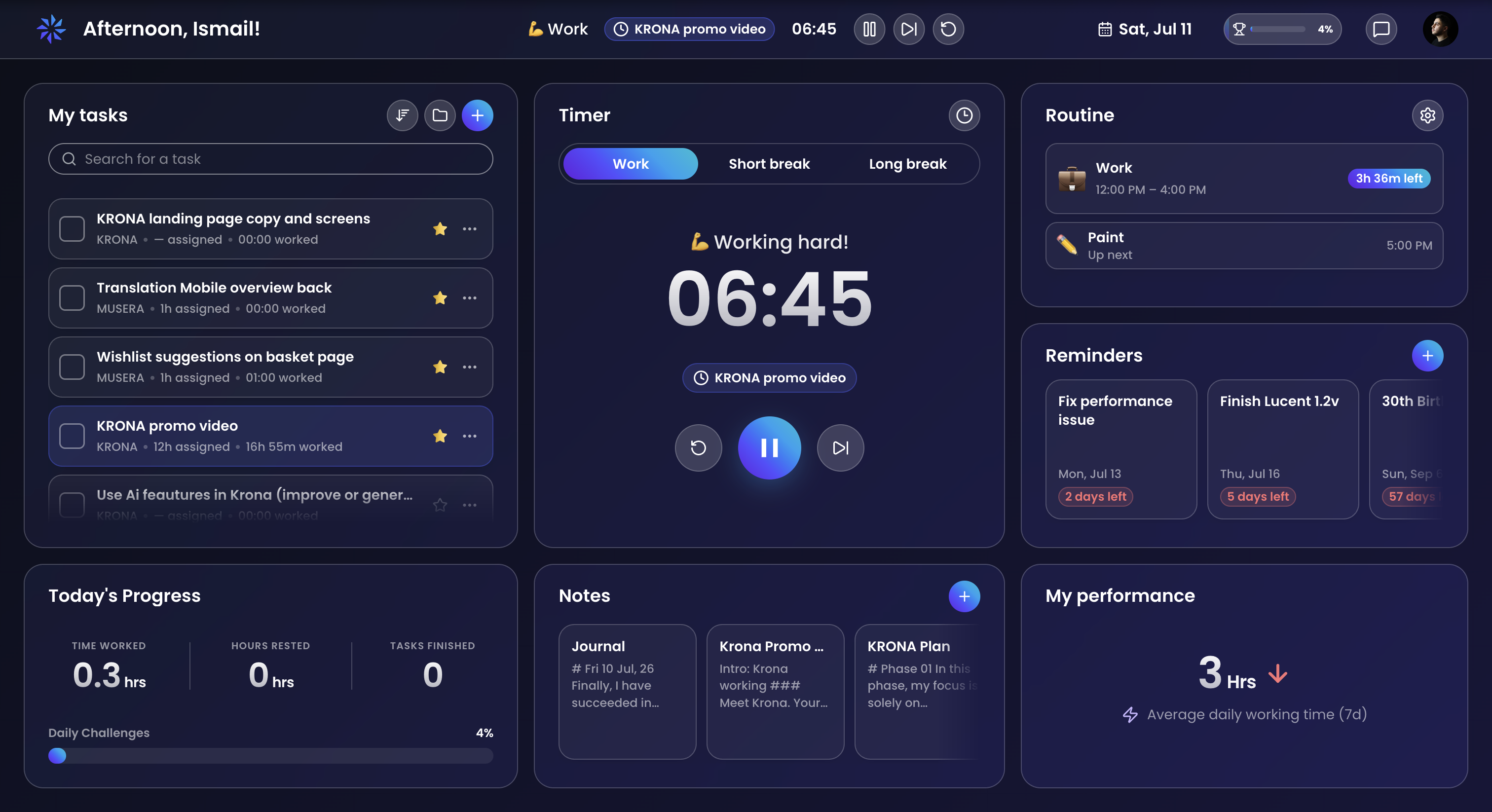 Krona focus timer with tasks and daily progress