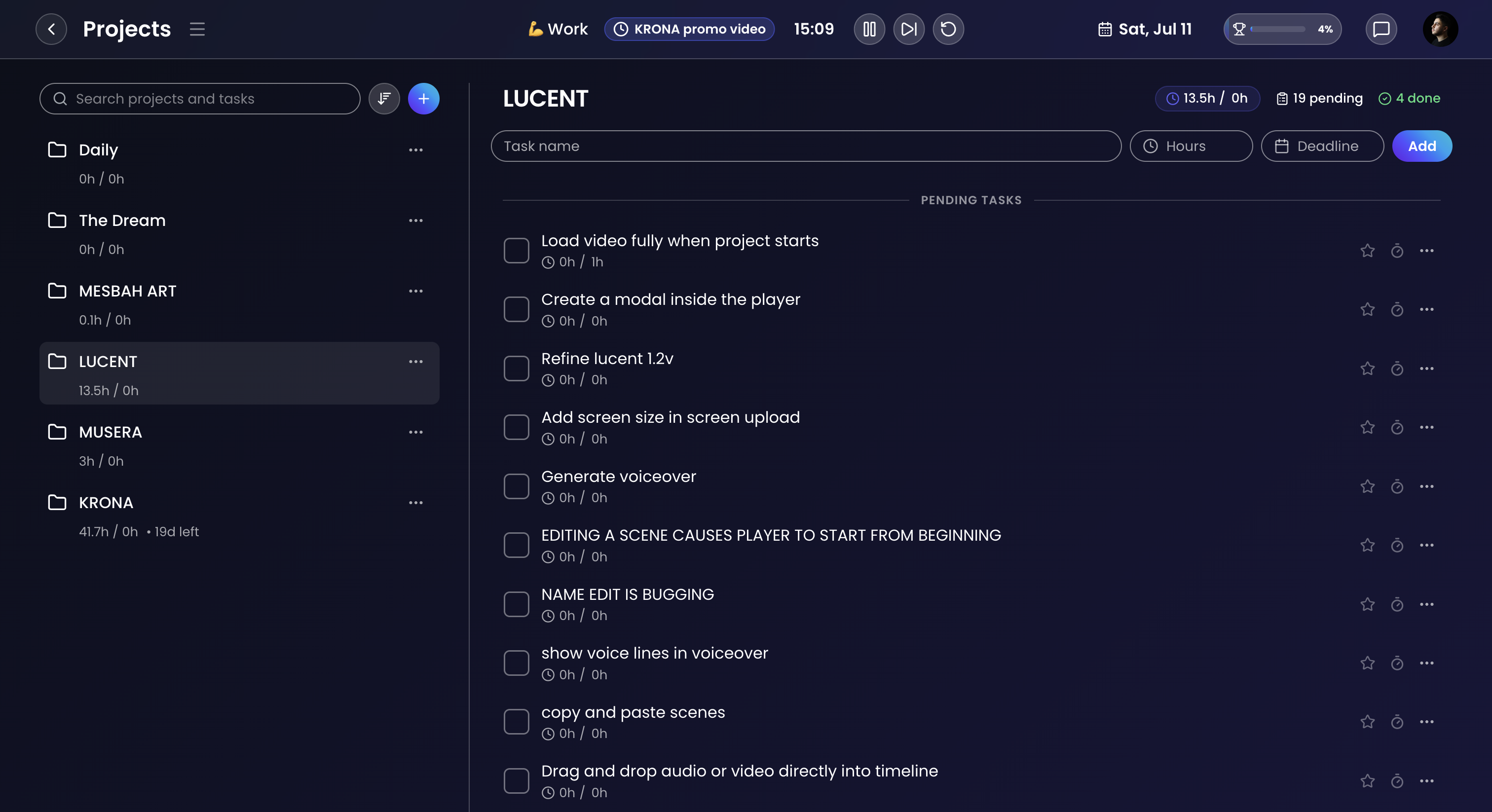 Krona projects and tasks view